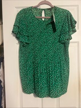 Adrianna Papell Green Polka Dot Flutter Sleeve Blouse